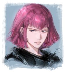  1girl absurdres black_shirt blue_background blue_eyes bob_cut border gundam haman_karn highres looking_to_the_side neo_zeon parted_lips pink_hair portrait shirt short_hair signature solo su2urann white_border zeta_gundam 
