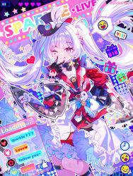  1girl :q absurdres belt black_belt black_choker black_gloves black_hat black_sleeves blue_bow blush bow bracelet braid braided_sidelock breasts chinese_commentary choker clothing_cutout club_(shape) collar collarbone commentary_request danmaku_comments diamond_(shape) diamond_facial_mark diamond_on_cheek emoji english_text facial_mark floating_hair frilled_bow frilled_collar frilled_skirt frilled_sleeves frills gloves grey_hair hair_intakes hand_on_own_hip hat hat_bow hat_ornament heart heart_facial_mark heart_on_cheek highres honkai:_star_rail honkai_(series) jewelry livestream long_hair long_sleeves looking_at_viewer mark_under_both_eyes mini_hat mini_top_hat multicolored_hair one_eye_closed open_mouth pink_eyes plaid_clothes plaid_sleeves poker rabbit_ear_headwear rabbit_hat_ornament red_eyes red_hair red_ribbon red_sleeves ribbon sailor_collar semi-rimless_eyewear shoulder_cutout single_glove skirt sleeve_bow smile solo spade_(shape) sparkle_(honkai:_star_rail) sparxie_(honkai:_star_rail) spoken_heart standing streaked_hair supplicant_mask thigh_strap thumbs_up_emoji tongue tongue_out top_hat twintails v very_long_hair viclim-monou white_hair white_skirt wide_sleeves yes 