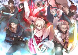  1girl 6+boys ahoge bicep_strap black_coat black_gloves black_hair black_shirt black_suit blonde_hair blue_eyes bow brown_kimono clothes_around_waist coat collared_coat denim dual_wielding fate/grand_order fate_(series) fingerless_gloves glasses gloves grey_hair grey_hakama hair_bow hair_pulled_back hakama hakama_skirt hakusi_noto half_updo haori harada_sanosuke_(fate) hijikata_toshizou_(fate) holding holding_polearm holding_sword holding_weapon jacket jacket_around_waist japanese_clothes jeans katana kimono kondou_isami_(fate) kondou_isami_(first_ascension)_(fate) multicolored_hair multicolored_jacket multiple_boys multiple_scars nagakura_shinpachi_(fate) okita_souji_(fate) okita_souji_(first_ascension)_(fate) okita_souji_(koha-ace) open_mouth pants pink_hakama pink_kimono polearm prosthesis prosthetic_leg red_eyes red_hair saitou_hajime_(fate) saitou_hajime_(first_ascension)_(fate) scar scar_on_arm scar_on_cheek scar_on_face scar_on_forehead scar_on_shoulder sheath shinsengumi_(fate) shirt shirt_under_kimono shoes skirt sleeveless sleeveless_shirt suit sword toned toned_male torn_clothes torn_jeans torn_pants toudou_heisuke_(fate) two-tone_hair two-tone_jacket unsheathed unsheathing weapon white_hair white_jacket white_shoes yamanami_keisuke_(fate) 