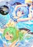  &gt;_&lt; bikini blonde_hair blue_eyes blue_hair bow camera cirno daiyousei fang gap green_hair hair_bow ice ice_wings multiple_girls open_mouth rumia shameimaru_aya side_ponytail snowflakes striped striped_bikini striped_swimsuit swimsuit touhou ue volleyball wardrobe_malfunction wings yakumo_yukari 