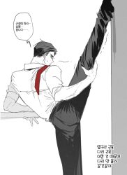  1boy black_hair black_pants black_shoes chee2e_166 closed_mouth collared_shirt firefist_office_(identity)_(project_moon) from_side hair_slicked_back korean_text leg_up limbus_company liu_association_south_uniform male_focus meursault_(project_moon) necktie necktie_over_shoulder pants partially_colored project_moon red_necktie shirt shoes short_hair simple_background solo speech_bubble struggling sweatdrop toned toned_male translation_request veins veiny_arms white_background white_shirt 