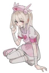  1girl apron armband bandaged_wrist bandages blonde_hair blush commentary fang hair_ornament hat heart heart_print highres mosuroshyu natori_sana natori_sana_(nurse) nurse_cap open_mouth pink_apron pink_hat pink_sandals rabbit_hair_ornament red_armband red_eyes sana_channel sandals solo virtual_youtuber white_background 
