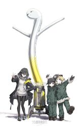  3girls absurdres arknights arknights:_endfield arms_up black_gloves black_hair black_jacket black_mask black_shoes blonde_hair chito_(shoujo_shuumatsu_ryokou) commentary endministrator_(arknights) female_endministrator_(arknights) fur_sleeves gloves grass green_jacket green_pants grey_sweater hand_on_own_hip hat helmet highres hologram jacket long_sleeves machine mask medium_hair multiple_girls open_clothes open_jacket outstretched_arms pants pantyhose shoe_soles shoes shoujo_shuumatsu_ryokou standing standing_on_one_leg sweater tube_man v white_background yo_na yuuri_(shoujo_shuumatsu_ryokou) 