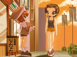  2000s_(style) 2girls :o bike_shorts billboard blue_camisole breasts brown_eyes brown_hair brown_shirt brown_shoes camisole capelet clouds collarbone evening from_side full_body game_cg hair_ornament hairclip hands_up hat kenki_fujioka lamppost long_sleeves majo_no_ochakai multiple_girls nee_(majo_no_ochakai) non-web_source official_art open_mouth orange_hair parted_bangs raised_inner_eyebrows shirt shoes short_hair short_shorts shorts sidelocks sky sleeves_past_fingers sleeves_past_wrists small_breasts socks standing town variant_set wavy_mouth white_capelet white_socks wide_sleeves yellow_shorts yuuhi_megumi_(majo_no_ochakai) 