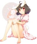  ahoge animal_ears bare_legs barefoot black_hair blush body_blush bunny bunny_ears bunny_tail carrot convenient_leg inaba_tewi jewelry michii_yuuki necklace rabbit rabbit_ears red_eyes short_hair sitting smile solo tail touhou white_background 