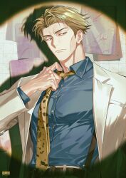  1boy absurdres adjusting_clothes adjusting_necktie animal_print belt blonde_hair blue_shirt buttons closed_mouth collared_shirt commentary covered_pectorals dress_shirt english_commentary highres horizontal_spotlight jacket jujutsu_kaisen leopard_print looking_to_the_side male_focus nanami_kento necktie open_clothes open_jacket pants pectorals shirt shirt_tucked_in short_hair sideburns snvvvo solo spotlight suit_jacket suspenders upper_body white_jacket white_pants yellow_necktie 