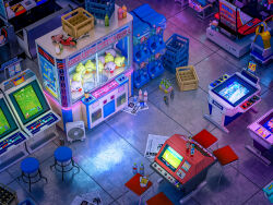  akira_(manga) ale-8-one_(drink) arcade arcade_cabinet bad_link bandai beer_crate bottle can chopsticks crane_game crate electric_fan gashapon glass_bottle gundam gundam_seed highres ito-en kaneda_shoutarou's_bike kirby kirby_(series) lacus_clyne newspaper omorphia original oyster_pail pocari_sweat sega star_(symbol) stool 