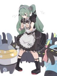  1girl apron bangboo_(zenless_zone_zero) biggest_fan_(zenless_zone_zero) black_dress black_shoes commentary_request corin_wickes dress earclip earrings flying_sweatdrops green_hair hair_between_eyes highres jewelry long_hair looking_at_another maid maid_apron maid_headdress metal_wrist_cuffs open_mouth overtimeboo_(zenless_zone_zero) purple_nails samejimamayu screw_hair_ornament shoes simple_background standing twintails violet_eyes white_apron white_background zenless_zone_zero 