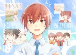  1boy :d ^_^ absurdres black_hair blue_necktie brother_and_sister brown_eyes brown_hair cat child clip_studio_paint_(medium) closed_eyes collared_shirt commentary_request crown dated_commentary double_v eyes_visible_through_hair facing_viewer grey_hair hair_between_eyes hands_up happy_birthday highres holding_hands inohara_masato lennon_(little_busters!) little_busters! little_busters!_school_uniform looking_at_viewer male_focus mini_crown mitsuna miyazawa_kengo multiple_views naoe_riki natsume_kyousuke natsume_rin necktie open_clothes open_mouth open_shirt portrait red_shirt remembering school_uniform shirt short_hair siblings smile solo spiky_hair upper_body v white_cat white_shirt 