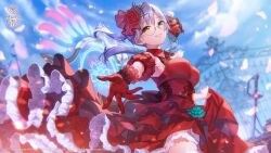  1girl aqua_ribbon ascot blue_sky blurry blurry_background breasts collared_dress copyright_name copyright_notice corset cowboy_shot day dress eyelashes eyes_visible_through_hair falling_petals floating_hair flower frilled_dress frilled_gloves frills gate glasses gloves green_eyes green_pupils hair_between_eyes hair_flower hair_ornament hair_ribbon heaven_burns_red highres holding_own_dress izumi_yuki izumi_yuki_(dancing_reincarnation) large_breasts lips long_dress long_hair looking_at_viewer official_alternate_costume official_alternate_hairstyle official_art official_wallpaper outdoors outstretched_arm outstretched_hand parted_lips petals petticoat reaching reaching_towards_viewer red_ascot red_corset red_dress red_flower red_gloves red_rose ribbon rose round_eyewear sky sleeveless sleeveless_dress smile solo sword twintails weapon 
