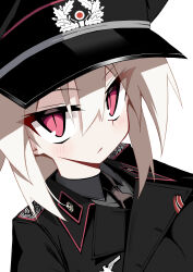  1girl absurdres black_shirt blazer blonde_hair brown_necktie commentary_request epaulettes expressionless hat highres jacket jiseki_rena looking_at_viewer military_uniform necktie original peaked_cap red_eyes reichsadler rena_(jiseki_rena) shirt short_hair solo totenkopf tsurime white_background 