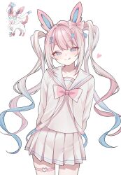  1girl absurdres animal_ears blonde_hair blue_bow blue_eyes blue_hair blush bow chouzetsusaikawa_tenshi-chan closed_mouth collarbone commentary ear_bow eyeshadow gradient_hair hair_intakes hair_ornament hairclip heart heart_hair_ornament heart_in_eye heart_o-ring highres long_hair long_sleeves looking_at_viewer makeup miclipse multicolored_bow multicolored_hair needy_girl_overdose o-ring o-ring_thigh_strap personification pink_bow pink_eyeshadow pink_hair pleated_skirt pokemon pokemon_(creature) quad_tails reference_inset sailor_collar school_uniform serafuku simple_background skirt smile solo sylveon symbol_in_eye thigh_strap thighs tongue tongue_out white_background white_bow white_sailor_collar white_serafuku white_skirt 