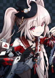  1girl ^_^ absurdres belt black_background black_belt black_choker black_gloves black_hat black_sleeves blue_bow blush bow braid braided_sidelock breasts chibi chinese_commentary choker closed_eyes clothing_cutout club_(shape) collar commentary_request crying detached_sleeves diamond_(shape) diamond_facial_mark diamond_on_cheek facial_mark fox_mask frilled_bow frilled_collar frilled_skirt frilled_sleeves frills gloves grey_hair grin hair_intakes hand_grab hat hat_bow hat_ornament heart heart_facial_mark heart_on_cheek highres honkai:_star_rail honkai_(series) japanese_clothes kimono long_hair long_sleeves looking_at_viewer mark_under_both_eyes mask mini_hat mini_top_hat multicolored_hair mutsu_aya obi open_mouth pink_eyes plaid_background plaid_clothes plaid_sleeves poker rabbit_ear_headwear rabbit_hat_ornament red_eyes red_hair red_kimono red_ribbon red_sleeves ribbon sailor_collar sandals sash semi-rimless_eyewear shoulder_cutout single_glove skirt smile solo spade_(shape) sparkle_(honkai:_star_rail) sparxie_(honkai:_star_rail) streaked_hair supplicant_mask tearing_up tears thumbs_up_emoji top_hat triangle_mouth twintails very_long_hair white_hair white_skirt wide_sleeves 