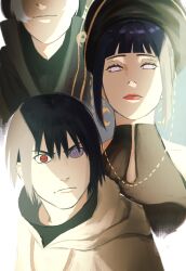  1girl 2boys alternate_costume alternate_universe angry bare_shoulders black_dress black_hair blunt_bangs bridal_veil cloak closed_mouth collarbone couple crescent crescent_earrings curly_hair dress earrings english_commentary expressionless faceless faceless_male group_sex hair_between_eyes heterochromia high_collar highres hood hood_down hooded_cloak hyuuga_hinata jewelry kurootedi light_frown light_smile long_hair looking_at_viewer looking_down lower_body mmf_threesome multiple_boys naruto:_the_last naruto_(series) official_alternate_hairstyle ootsutsuki_toneri purple_hair red_lips shade short_hair sleeveless sleeveless_dress smirk surprised threesome uchiha_sasuke upper_body veil violet_eyes wedding_dress white_hair 