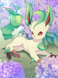  absurdres animal_focus brown_eyes brown_fur brown_sclera closed_mouth colored_sclera commentary_request flower green_fur highres leaf leafeon nene_(neneneno_nenene) no_humans outdoors pokemon pokemon_(creature) pokemon_focus yellow_fur 