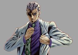  1boy adjusting_clothes adjusting_necktie black_eyes black_hair cheekbones collared_shirt commentary_request diamond_wa_kudakenai formal_clothes green_necktie hair_slicked_back hatching_(texture) highres ishimoto_shun'ichi jacket jojo_no_kimyou_na_bouken kawajiri_kosaku kira_yoshikage kira_yoshikage_(bites_the_dust) looking_at_viewer male_focus multicolored_hair necktie official_style pinstripe_pattern pinstripe_shirt purple_shirt shaded_eye shirt simple_background solo striped_clothes striped_hair striped_shirt suit suit_jacket two-tone_hair upper_body vertical-striped_clothes vertical-striped_shirt white_hair white_jacket 