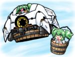  apsalus blue_sky bucket cannon crossover flying green_eyes green_hair gundam gundam_08th_ms_team hair_bobbles hair_ornament in_bucket in_container japanese_clothes kimono kisume mayohi_neko mecha mechanization military military_vehicle open_mouth red_eyes sd_gundam sky smile solo tank touhou twintails vehicle yukata 