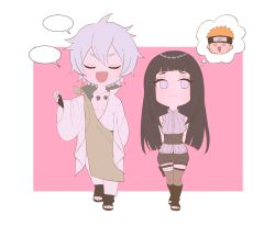  1boy 1girl arms_behind_back bare_shoulders blonde_hair blunt_bangs chest_tattoo chibi chibi_only closed_eyes closed_mouth collarbone commentary couple curly_hair fingerless_gloves full_body gloves hair_between_eyes happy headband hetero high_collar highres hyuuga_hinata japanese_clothes jukyhyu long_hair long_sleeves looking_to_the_side looking_up mitsudomoe_(shape) naruto:_the_last naruto_(series) ootsutsuki_toneri open_mouth pink_background purple_hair sandals sash shorts sleeveless smile speech_bubble standing tattoo thigh-highs thought_bubble tomoe_(symbol) untranslatable_commentary uzumaki_naruto violet_eyes walking whiskers white_hair wide_sleeves 