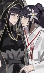  2girls black_dress black_veil blunt_bangs closed_eyes closed_mouth dress dual_persona flower from_side hair_flower hair_ornament high_ponytail highres hood hood_up hyuuga_hinata incoming_kiss japanese_clothes kimono long_sleeves multiple_girls naruto:_the_last naruto_(series) parted_lips ponytail purple_hair red_lips robe selfcest standing uchikake upper_body veil violet_eyes wedding wedding_dress white_background white_robe xiangqinxiangaiyijioren yuri 