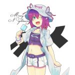  1girl candy character_name choker fang fujimako gradient_hair green_eyes hat highres lollipop merry_nightmare midriff multicolored_hair navel open_mouth pink_hair pointy_ears purple_hair short_hair shorts solo wink yumekui_merry 