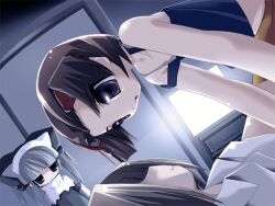  1boy 2000s_(style) 2girls bent_over blue_camisole blunt_bangs brown_hair camisole capelet collarbone collared_shirt dress face-to-face faceless faceless_male game_cg girl_on_top grey_dress grey_eyes grey_hair grey_hat hair_ornament hairclip hat indoors kenki_fujioka long_hair long_sleeves lying magical_girl majo_no_ochakai multiple_girls night non-web_source official_art on_back open_mouth parted_bangs ponika_(majo_no_ochakai) shirt short_hair shorts sitting sitting_on_person sleeves_rolled_up television twintails violet_eyes white_capelet white_shirt yellow_shorts yuuhi_megumi_(majo_no_ochakai) 