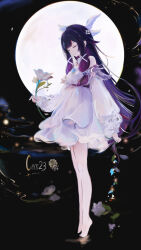  1girl artist_name bare_shoulders barefoot black_hair blue_gem cat23 closed_eyes closed_mouth columbina_(genshin_impact) commentary_request dated dress flower from_side full_body full_moon gem genshin_impact hair_ornament highres holding holding_flower long_hair long_sidelocks long_sleeves moon multicolored_hair purple_hair sandrone_(genshin_impact) sidelocks solo standing tiptoes very_long_hair white_dress wing_hair_ornament 
