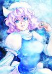  blush breasts hat lavender_hair letty_whiterock open_mouth scarf short_hair skirt smile snow solo touhou 