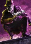  aykutaydogdu blood buttons city cravat crouch dc_comics fedora gun hat inkblot looking_away male mask pants pinstripe_pants rain realistic rorschach shoes smiley_face solo squatting trench_coat watchmen weapon 