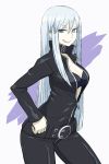  :p belt bodysuit breasts center_opening chan_co character_request choker cleavage devil_summoner grey_eyes highres long_hair looking_at_viewer megami_tensei nail_polish nemissa pale_skin seductive_smile silver_eyes silver_hair solo soul_hackers tongue 