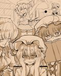 blood book commentary_request flandre_scarlet glasses hat hong_meiling imagining izayoi_sakuya long_hair mizuga monochrome multiple_girls nosebleed parasol patchouli_knowledge remilia_scarlet rumia rumia_(darkness) short_hair siblings sisters smile touhou umbrella wings 