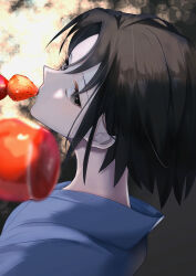  1girl absurdres black_background black_eyes black_hair blue_kimono candy_apple commentary_request eating firework_background food from_behind fruit head_back highres japanese_clothes kara_no_kyoukai kimono looking_at_viewer nainairo323 pov ryougi_shiki short_hair solo solo_focus strawberry upper_body 