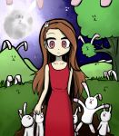  brown_hair bunny collarbone dress hair_ornament idolmaster long_hair minase_iori moon rabbit sleeveless tree 