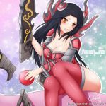 armor black_hair blade blush breasts cheng cleavage green_eyes hair_ornament highres irelia league_of_legends long_hair midriff signature sitting solo sword thigh-highs thighhighs yellow_eyes 