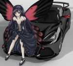  accel_world antenna_hair bare_shoulders black_hair brown_eyes butterfly butterfly_wings car elbow_gloves gloves hairband kuroyukihime long_hair lotus lotus_(brand) lotus_exige lotus_exige_s motor_vehicle navel solo vehicle wings 