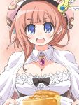  :d atelier_(series) atelier_rorona blue_eyes breasts brown_hair cake capelet cleavage food hat holding jewelry large_breasts naitou_kouse open_mouth pendant pie plate rororina_fryxell short_hair simple_background smile solo teeth 