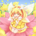  blonde_hair blush boots bow choker cure_peace dress fairy_wings flower hair_ornament kise_yayoi long_hair magical_girl ponytail precure riai_(onsen) sitting smile smile_precure! solo wariza wings yellow_dress yellow_eyes 