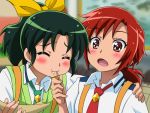  2girls :o blush bust candy closed_eyes eyes_closed food_theft green_hair hair_ornament hair_ribbon hair_tie hairclip hino_akane lollipop long_hair mameshiba midorikawa_nao mouth_hold multiple_girls necktie open_mouth orange_hair ponytail precure red_eyes red_hair ribbon school_uniform short_hair sleeves_rolled_up smile smile_precure! stealing_food sweater_vest 