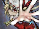  blonde_hair flandre_scarlet hat long_hair mitsunara open_hand outstretched_arm red_eyes side_ponytail smile solo touhou wings 