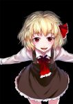  black_background blonde_hair fang hair_ribbon open_mouth outstretched_arms red_eyes ribbon rumia short_hair simple_background sinzan solo touhou youkai 