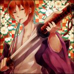  bad_id fate/zero fate_(series) flower highres japanese_clothes katana male psychedelic_amatou red_eyes red_hair redhead solo sword uryuu_ryuunosuke weapon 
