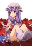  :o blush book boots capelet crescent dress hair_ribbon hat looking_away no_panties patchouli_knowledge purple_eyes purple_hair ribbon sitting solo striped striped_dress touhou ukami violet_eyes 