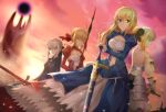  4girls aestus_estus ahoge armor armored_dress artoria_pendragon_(all) back blonde_hair braid breasts caliburn cleavage closed_eyes cloud clouds dark_excalibur dress excalibur eyes_closed fate/extra fate/grand_order fate/stay_night fate/unlimited_codes fate/zero fate_(series) gauntlets green_eyes hair_ribbon hand_on_hilt lens_flare long_hair looking_at_viewer multiple_girls nero_claudius_(fate) nero_claudius_(fate)_(all) payot planted_sword planted_weapon profile qiuzhi_huiyi ribbon saber saber_alter saber_extra saber_lily sky sunset sword weapon yellow_eyes 