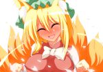  alternate_costume animal_ears blonde_hair blush bow breasts chen chen_(cosplay) cosplay fox_ears fox_tail full-face-blush full-face_blush hat head_tilt large_breasts merry_(diameri) multiple_tails paw_pose petals shirt short_hair smile solo tail touhou under_boob underboob undersized_clothes yakumo_ran 