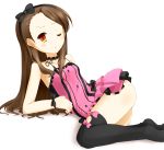  ass bad_id bare_shoulders black_legwear bow brown_hair faubynet hairband highres idolmaster long_hair looking_at_viewer lying minase_iori red_eyes solo thigh-highs thighhighs wink 