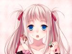  :o bare_shoulders blue_eyes blush bust collarbone cupcake face food food_on_face hair_ribbon holding itou_nanami long_hair open_mouth original polka_dot ribbon silver_hair solo twintails 