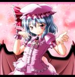  blue_hair fang flower hat letterboxed looking_at_viewer pov red_eyes remilia_scarlet sd-sos smile solo sparkle touhou wings wrist_cuffs 