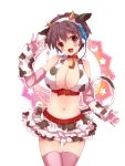  animal_ears bell belt blush breasts brown_eyes brown_hair cleavage cow_bell cow_ears cow_print cow_tail elbow_gloves frilled_skirt gloves headset horns idolmaster idolmaster_cinderella_girls kocchichiko midriff navel oikawa_shizuku open_mouth pink_legwear short_hair skirt solo tail thigh-highs thighhighs 