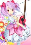  :d blush bow dress electric_guitar gloves guitar hair_ribbon highres instrument kaname_madoka looking_at_viewer magical_girl mahou_shoujo_madoka_magica ogadenmon open_mouth pink_eyes pink_hair playing_instrument ribbon short_hair short_twintails smile solo thigh-highs thighhighs twintails white_legwear 