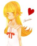  1girl bare_shoulders blush_stickers fang long_hair monogatari_(series) nisemonogatari oshino_shinobu pointy_ears solo yellow_eyes 