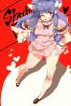  bell blue_hair character_name chinese_clothes double_bun dress hand_on_hip heart hips iroyopon pink_dress pointing ranma_1/2 red_background shampoo_(ranma_1/2) short_dress side_slit solo wink 
